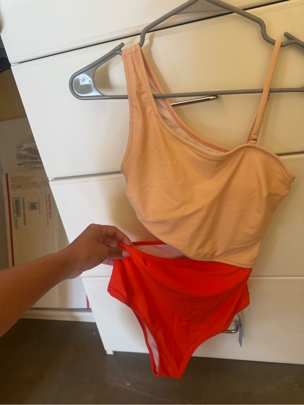 Two-Tone One-Piece Swimsuit in Nude and Bright Red-Orange S